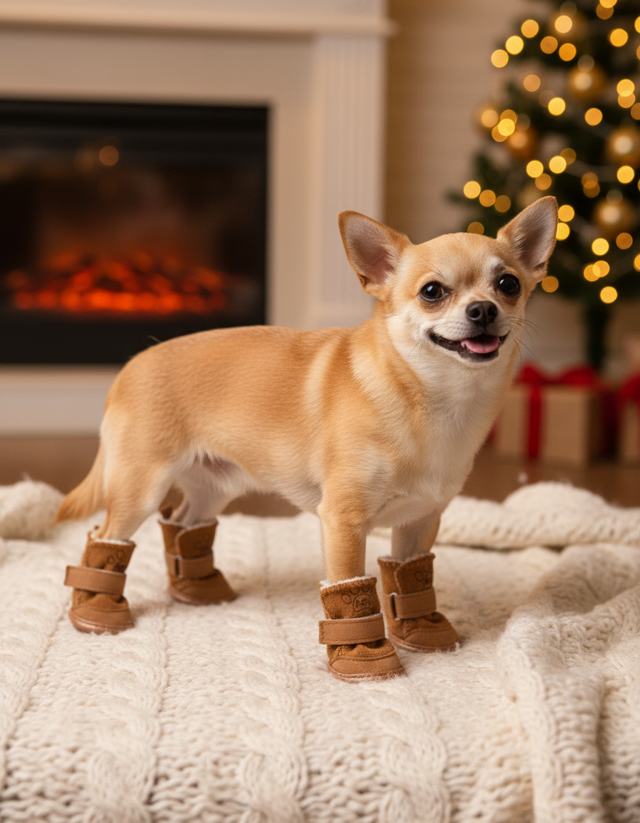 Chihuahua by a Christmas fireplace wearing all four coffee-brown Cozy Paws boots
