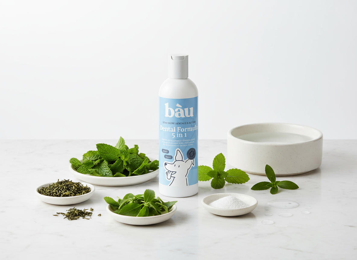 Il flacone di Dental Formula 5 in 1 su marmo, circondato dai suoi attivi: menta piperita, tè verde, melissa, stevia e zinco, accanto a una ciotola d'acqua