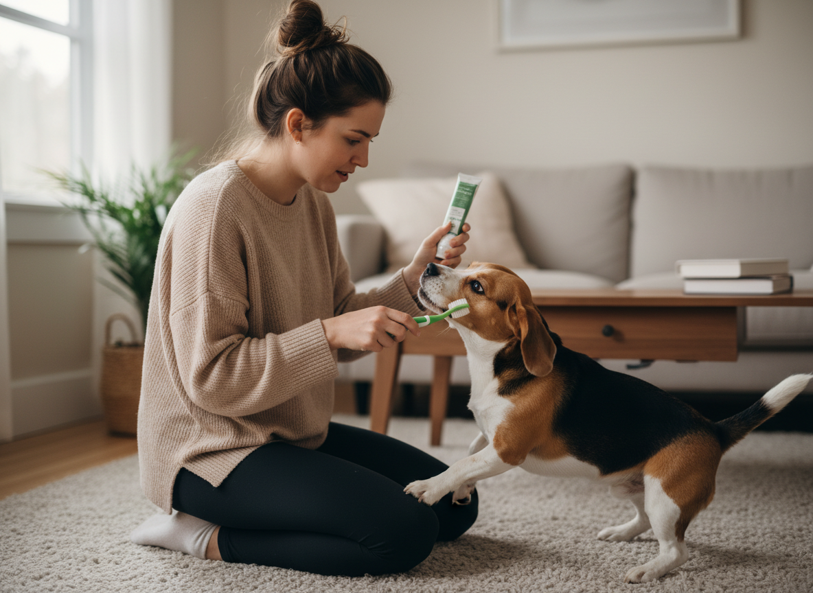 Una donna prova a lavare i denti al suo beagle, che gira la testa e si tira indietro