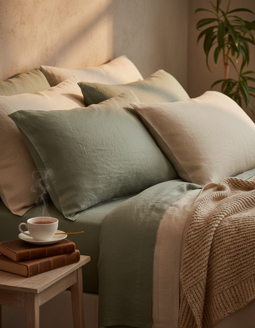 Layered linen pillows, a folded wool throw and a cup of tea on a wooden bedside table