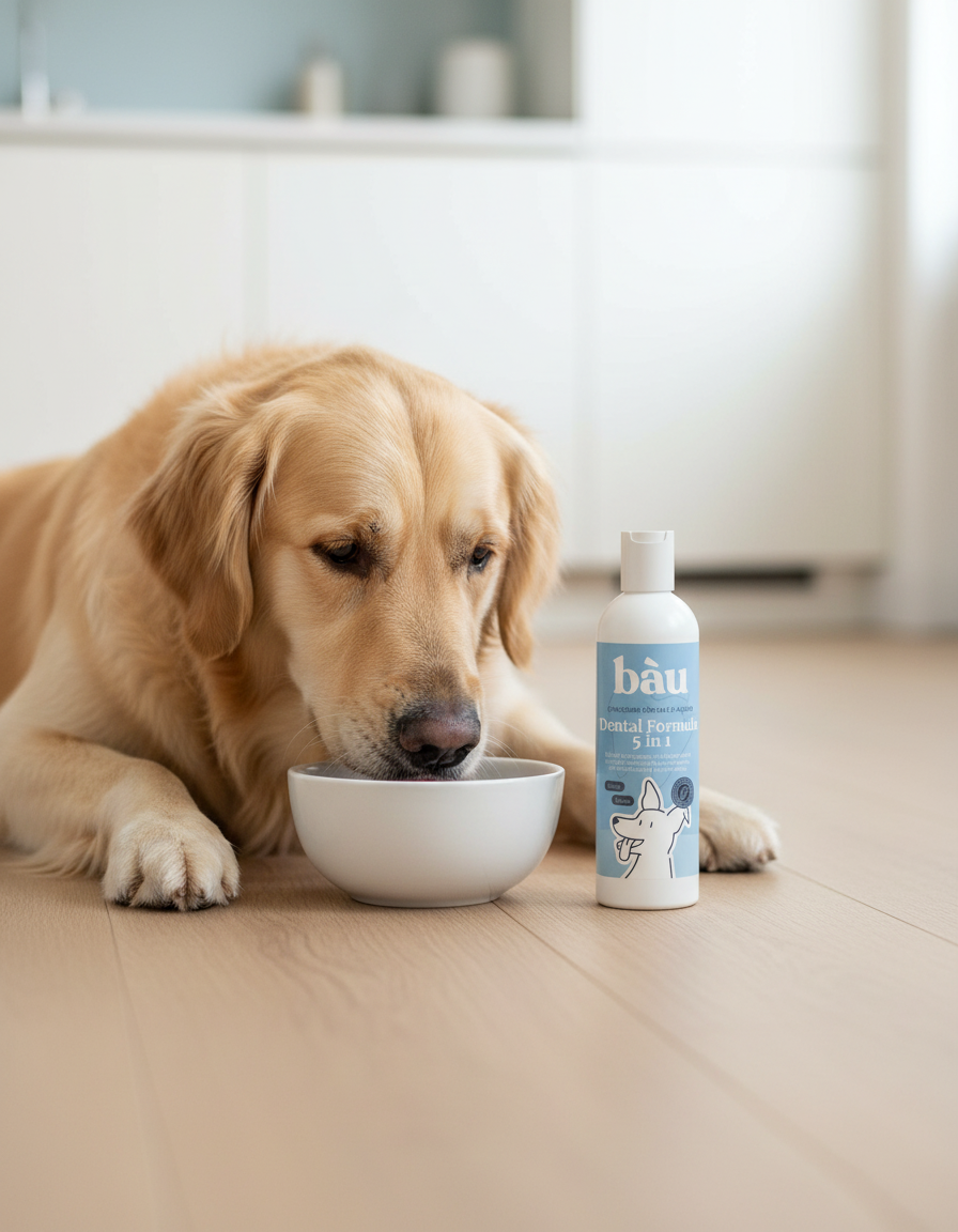 Primo piano di un golden retriever che beve dalla ciotola accanto al flacone di Dental Formula 5 in 1