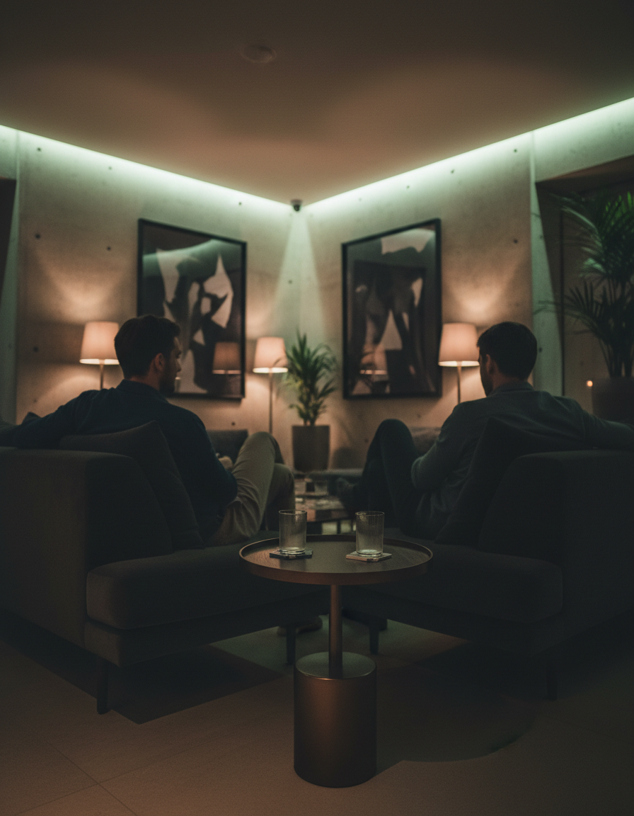 Friends relaxing in a dimly lit lounge in the evening