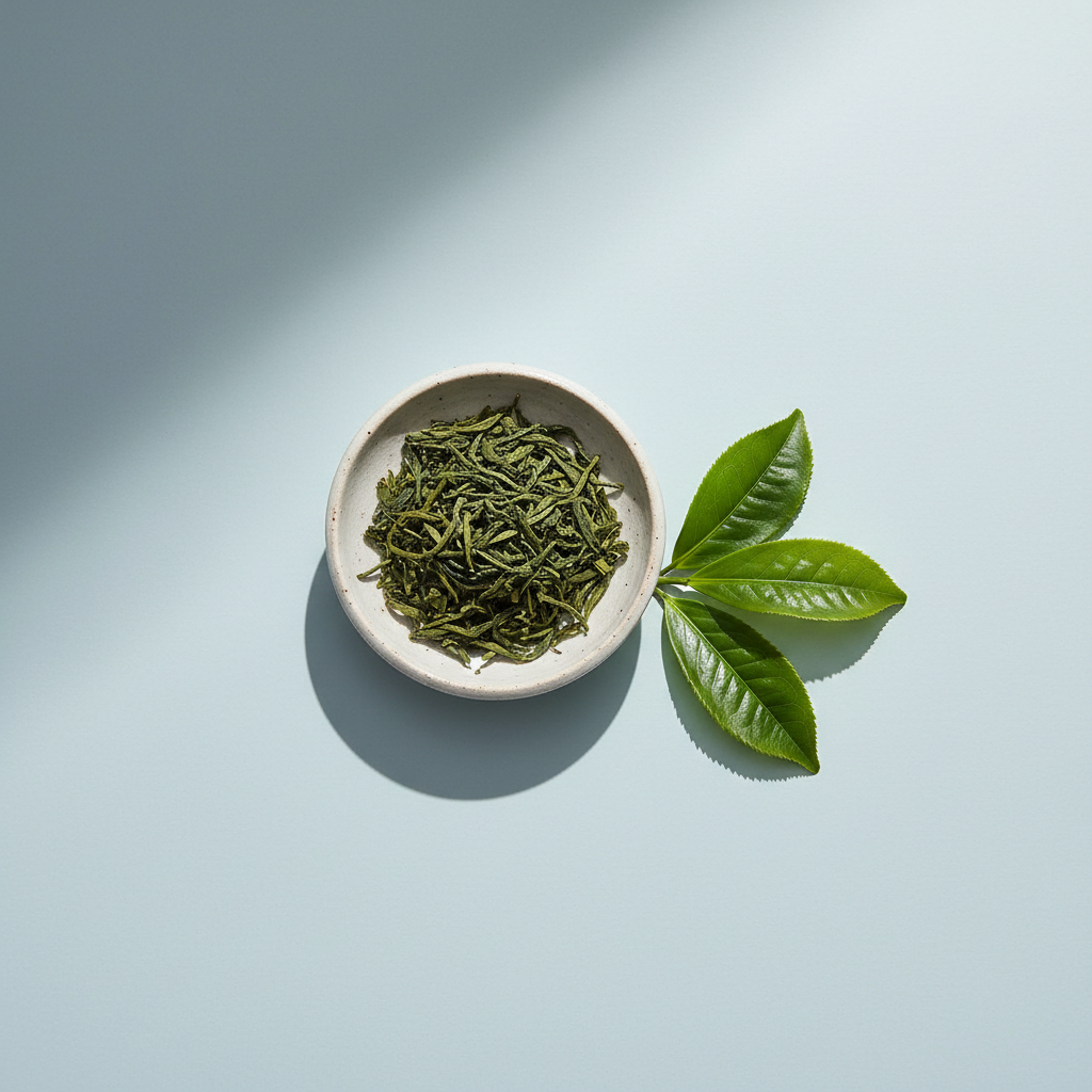 Foglie di tè verde essiccate in una coppetta di ceramica con foglie fresche accanto
