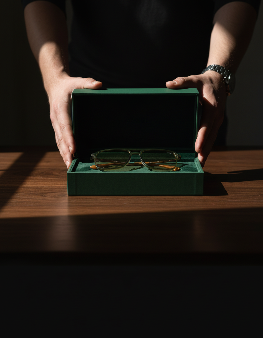 Hands lifting the lid of a dark green box holding two pairs of VZN sunglasses