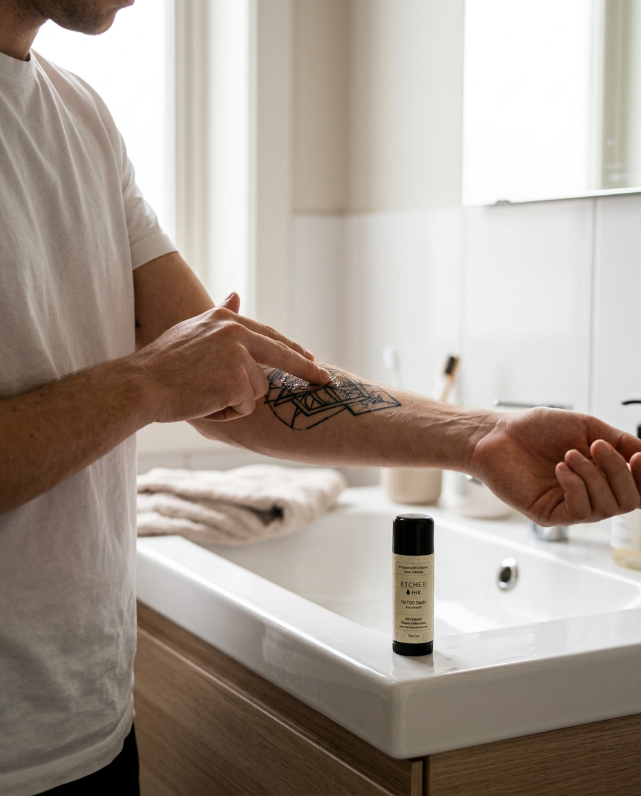 Applying a small amount of Etched Ink balm to a healed forearm tattoo