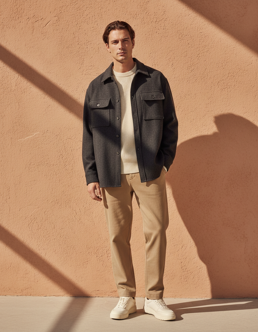 Hombre con sobrecamisa gris oscuro y jersey crema