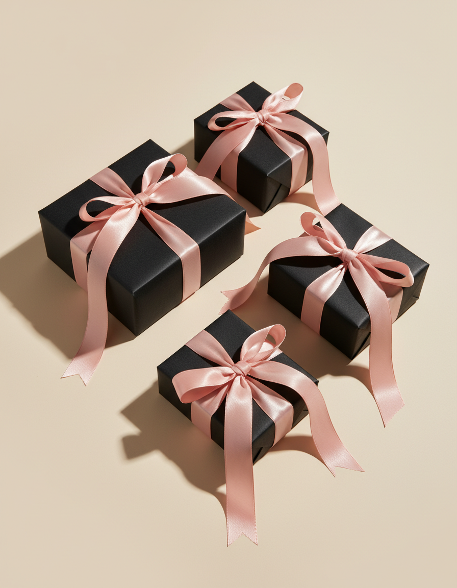 Schwarze Geschenkboxen mit rosafarbenen Satinschleifen