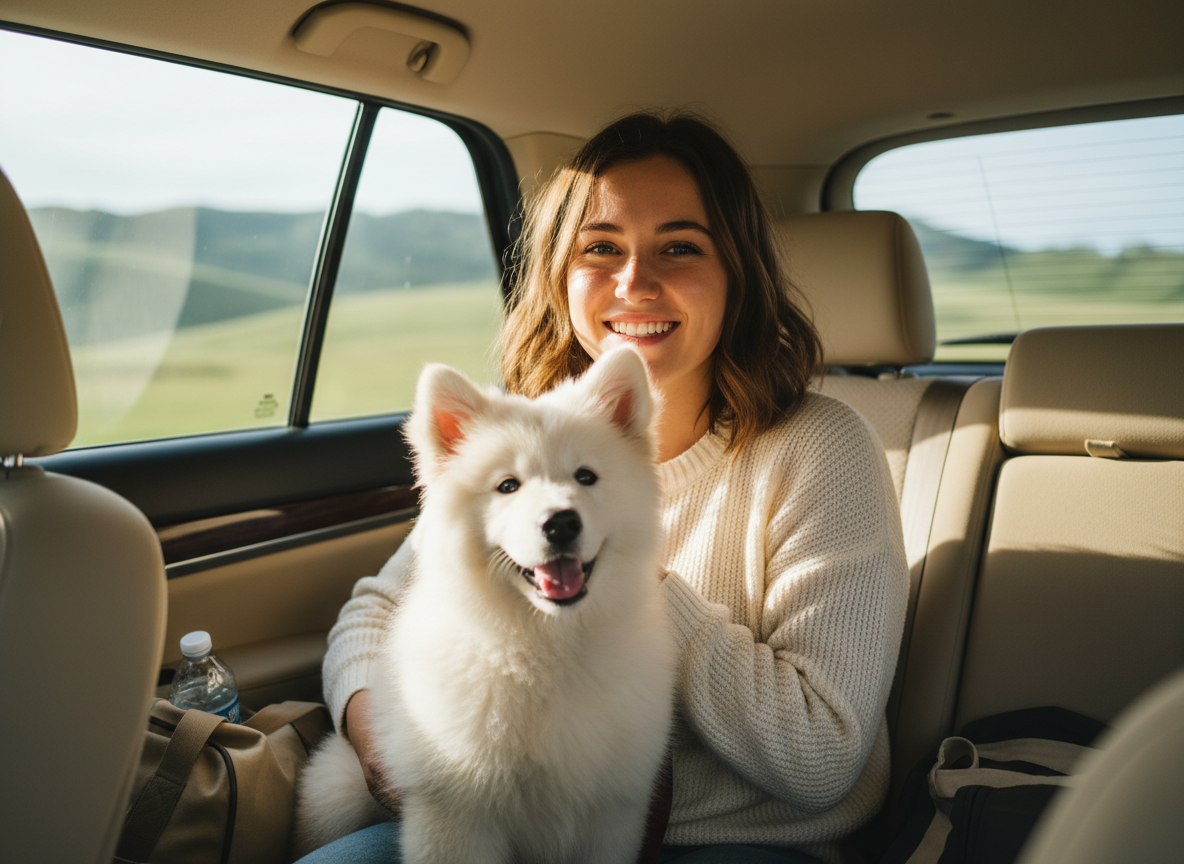 Cane seduto in auto accanto alla sua padrona durante un viaggio