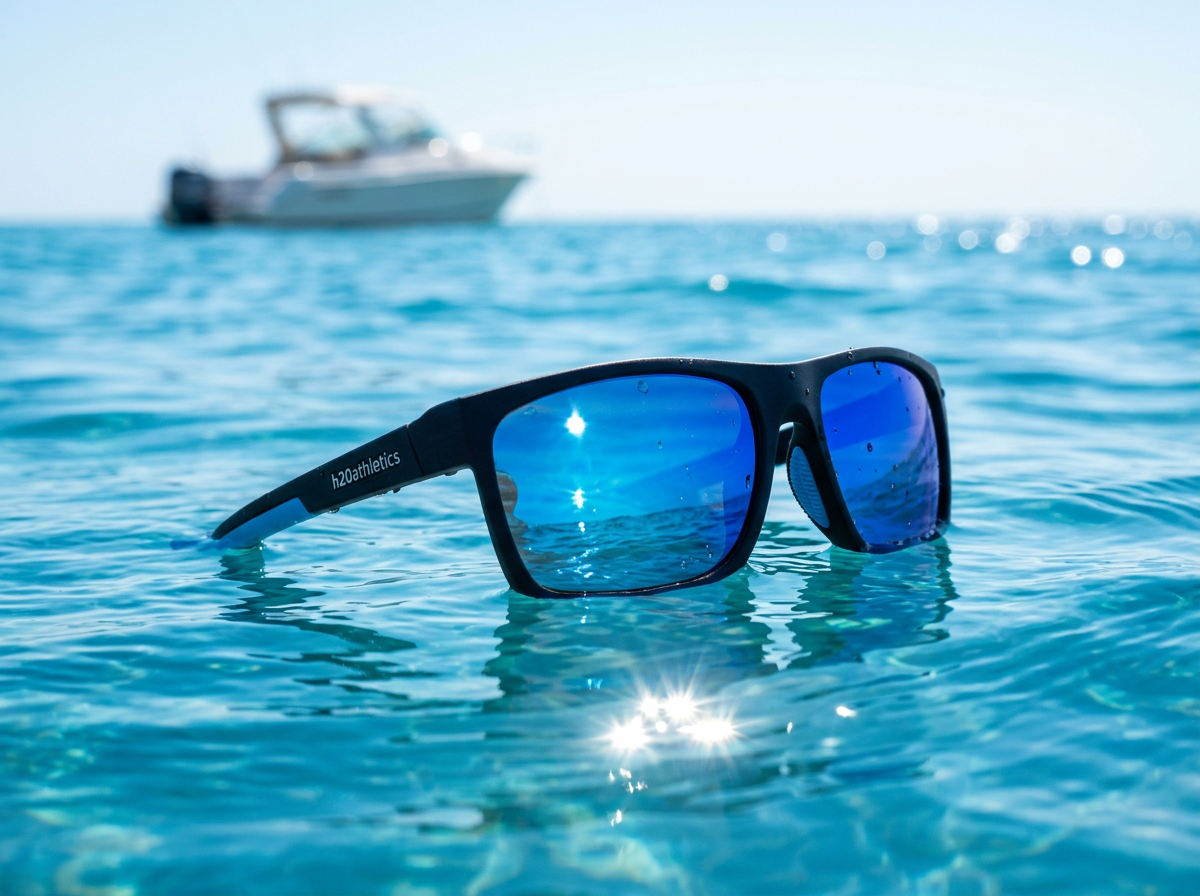 Waverider sunglasses floating on the surface of sparkling blue sea