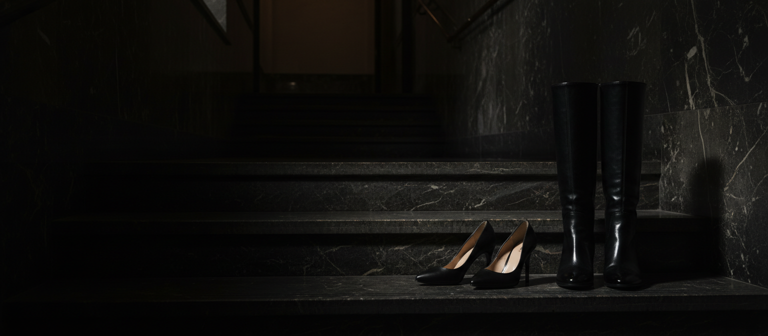 Schwarze Lack-Overknees und Lederpumps auf dunklen Marmorstufen