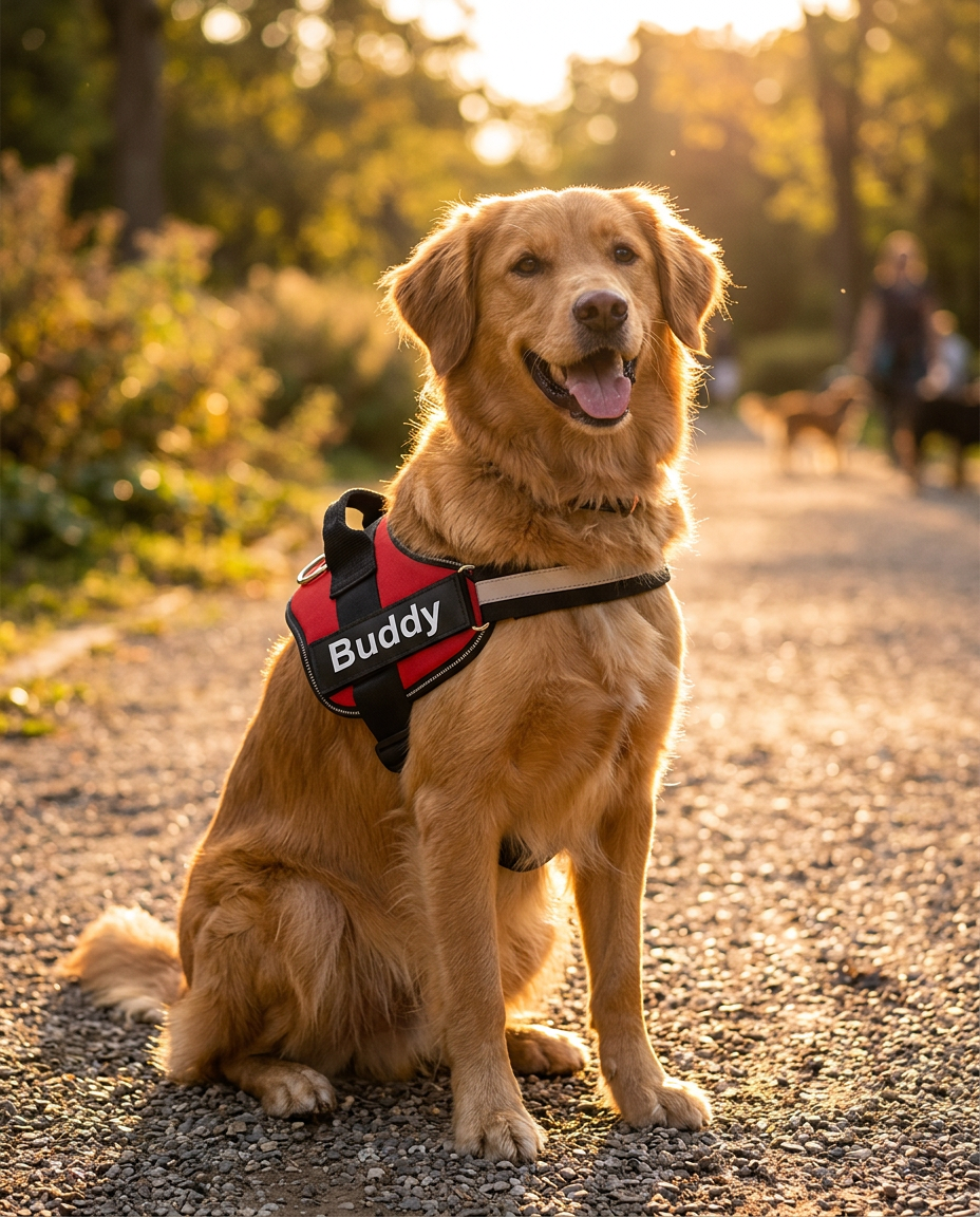 Happy dog in a harness on a sunny park path
