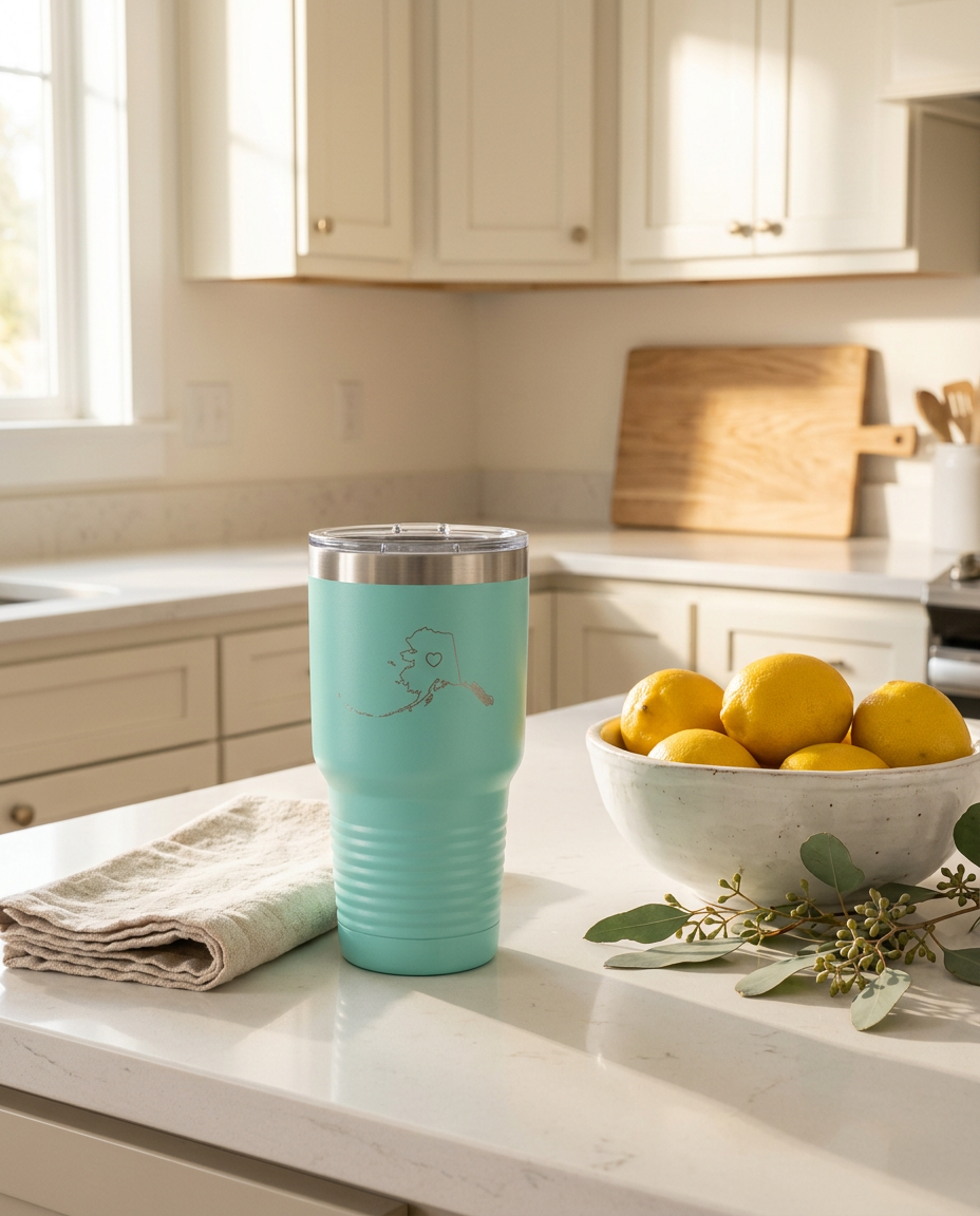 Teal tumbler on a sunny kitchen counter