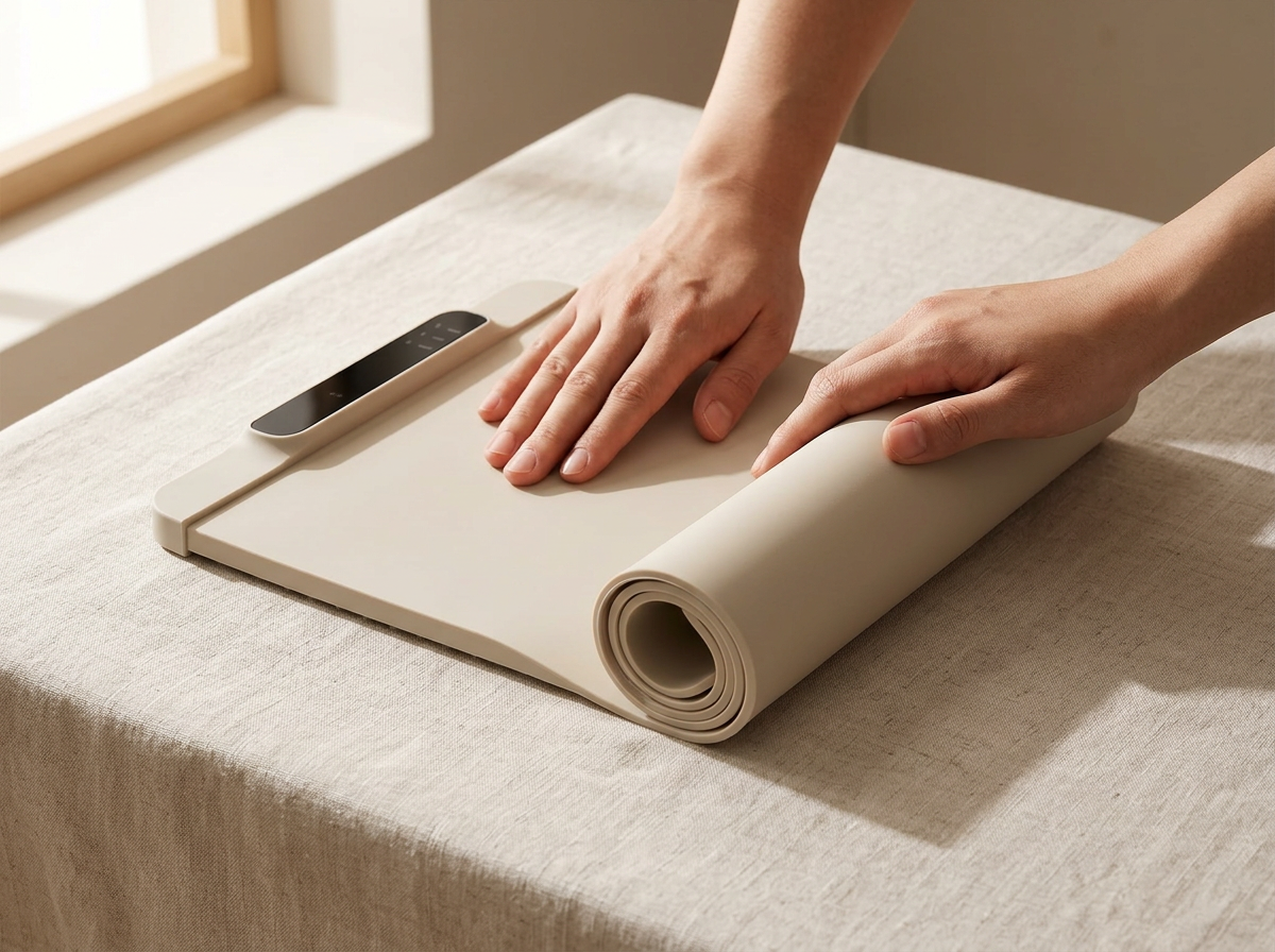 Mains enroulant le Warmio Mat beige en silicone souple sur une nappe en lin