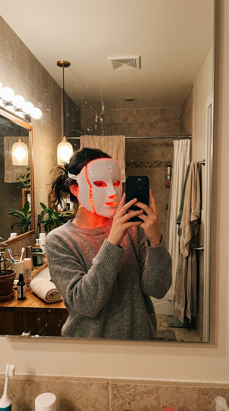 Creator mirror selfie wearing the AGE REWIND red light face mask