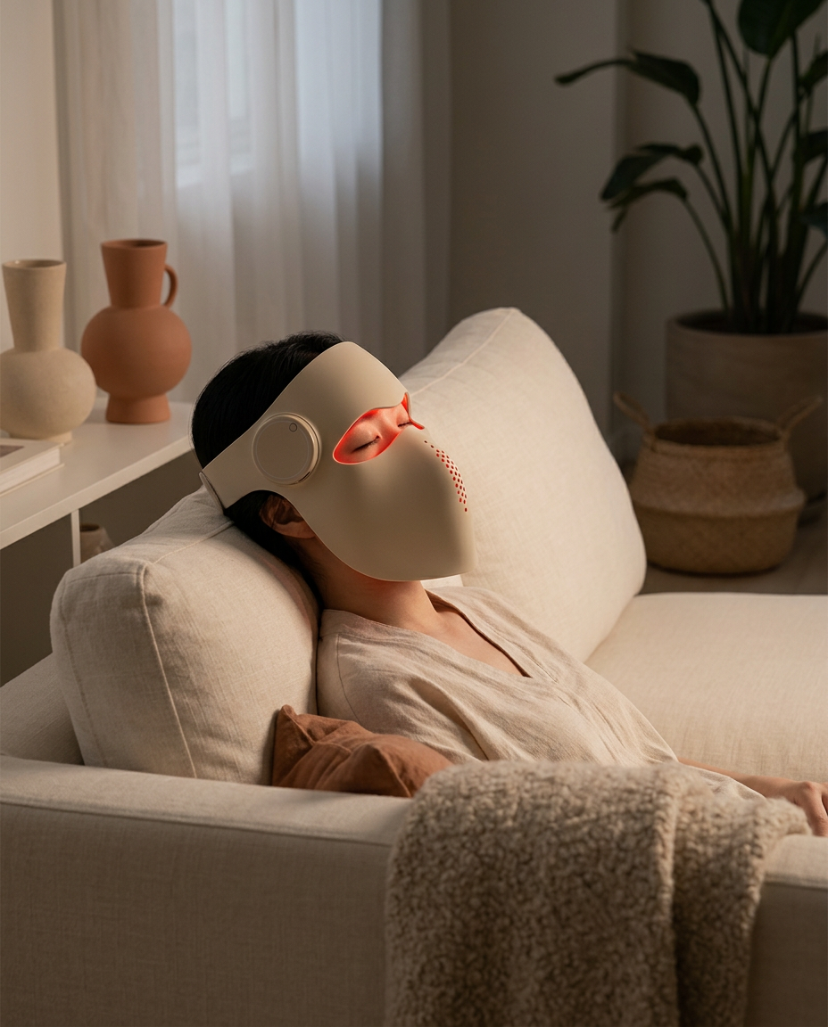 Woman relaxing on a linen sofa while wearing the AGE REWIND LED mask with a soft red glow