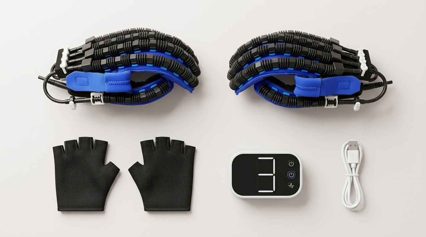 Motion Glove kit laid out: gloves, Mirror Gloves, controller and USB cable