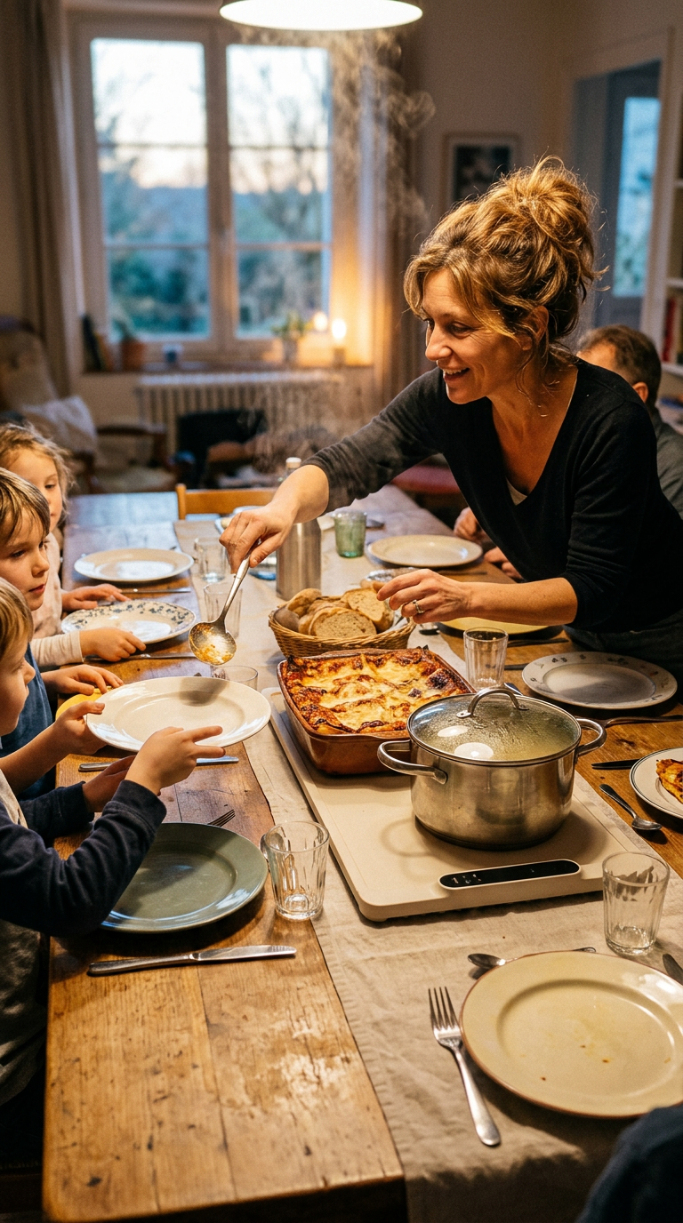 Mère de famille servant un repas gardé au chaud sur le Warmio Mat