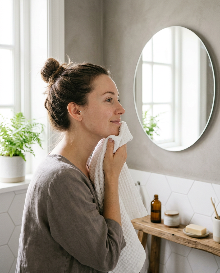 Woman patting her clean face dry before an LED skincare session