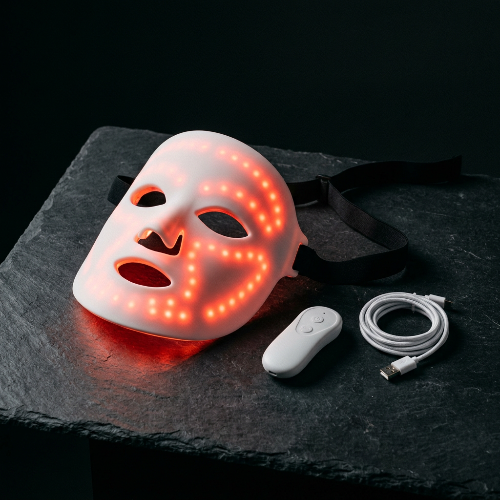 AGE REWIND LED skincare mask with handheld controller and charging cable on a dark stone surface