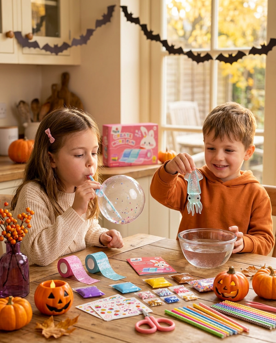 Halloweenowe popołudnie przy stole z dyniami – siostra nadmuchuje słomką bąbelek z taśmy Nano, brat pokazuje gotową wodną figurkę