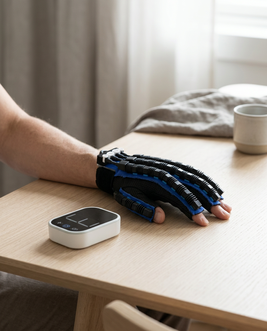 Hand wearing Motion Glove resting on a table at home beside the controller