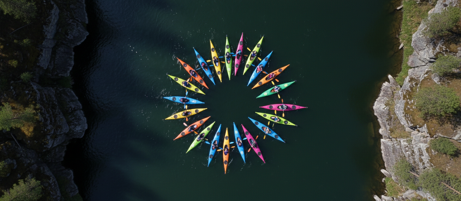 Aerial view of colorful kayaks gathered in a circle on a dark river