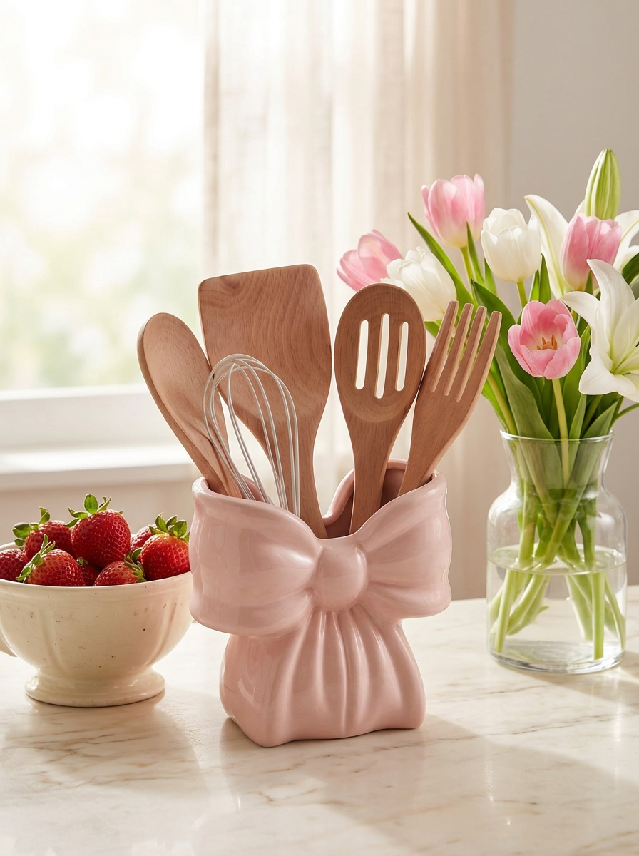 Pink bow ceramic utensil holder with tulips and strawberries