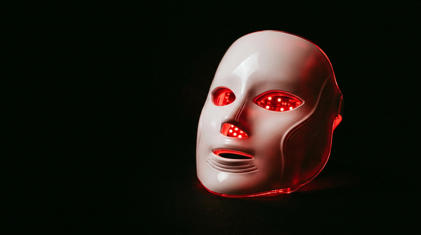 AGE REWIND LED mask glowing red in the dark