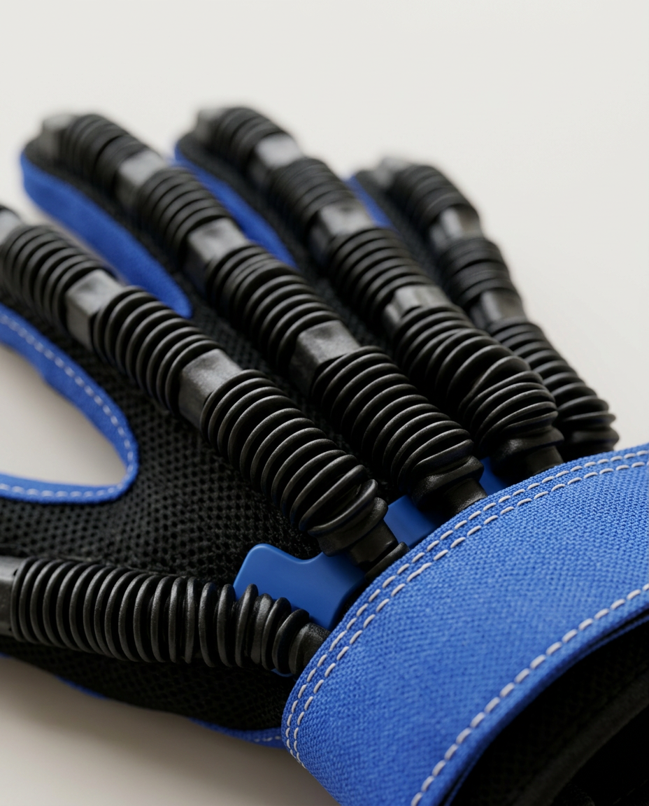 Close-up of Motion Glove's segmented finger channels and blue wrist strap