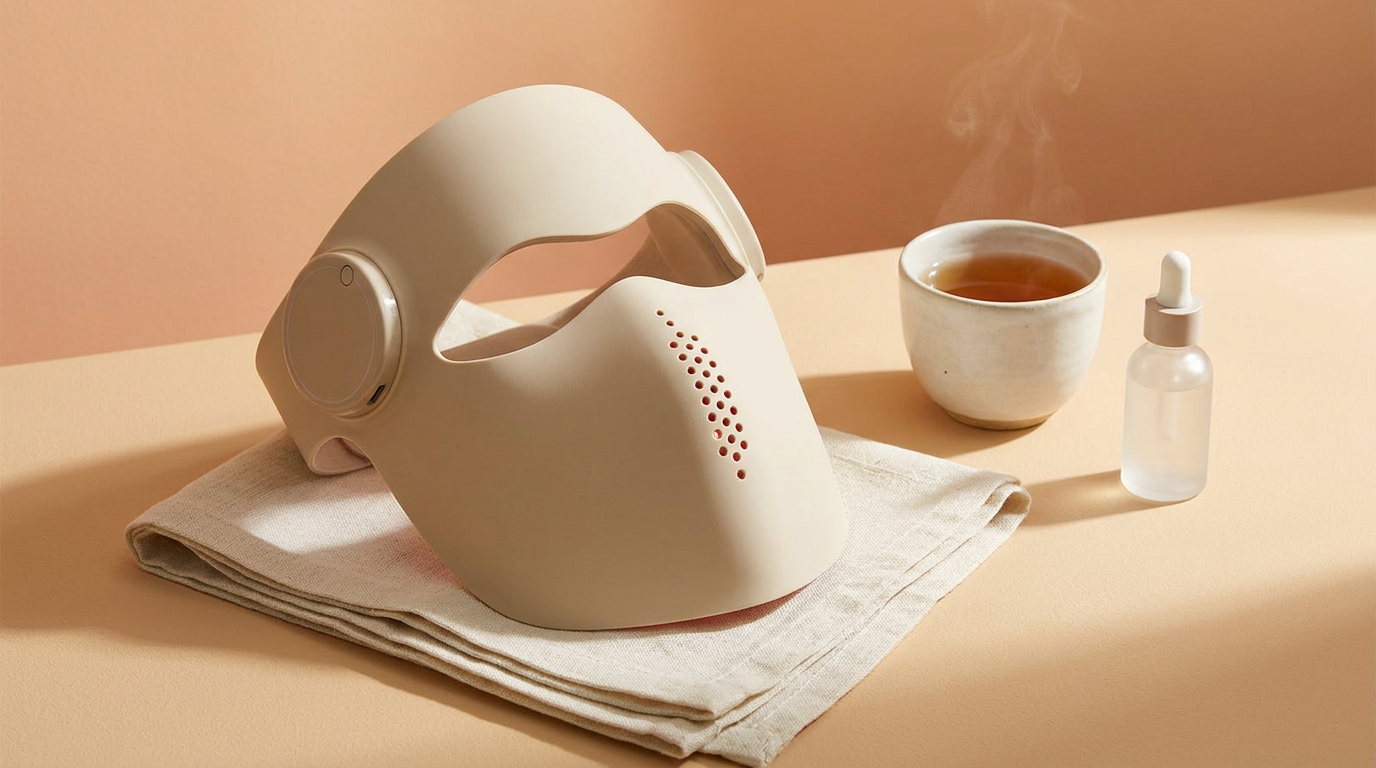 AGE REWIND LED mask resting on folded linen beside a cup of tea and a skincare bottle