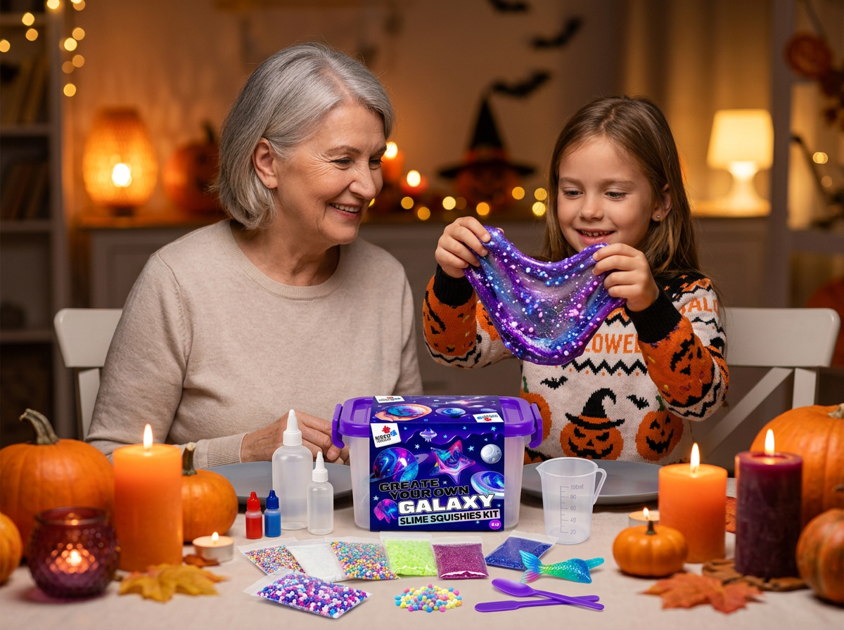 Babička s vnučkou o Halloweenu u stolu s dýněmi – vnučka hrdě ukazuje vlastní třpytivý galaktický sliz