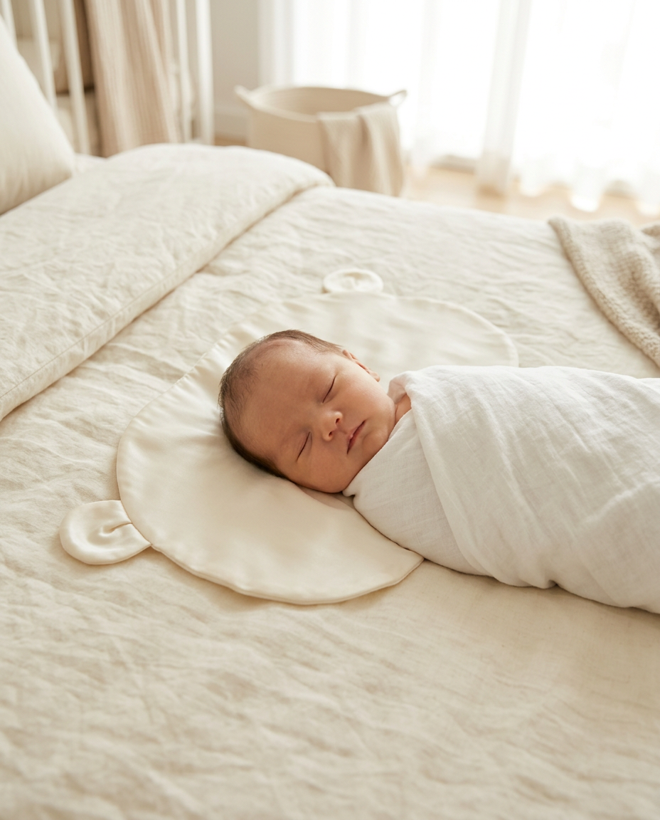 Newborn sleeping peacefully on an ivory silk sheet