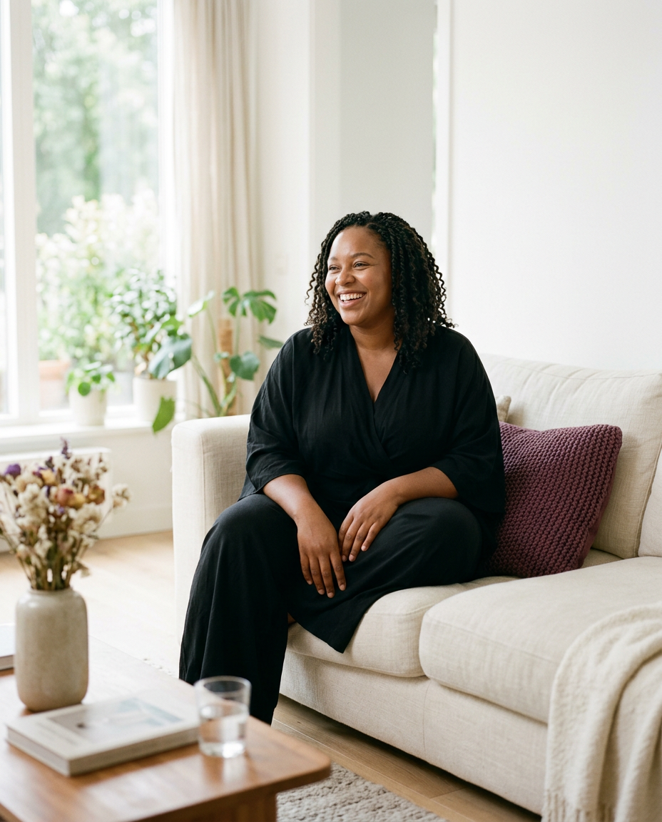 Plus-size woman laughing on a cream sofa in a black wrap top and wide trousers