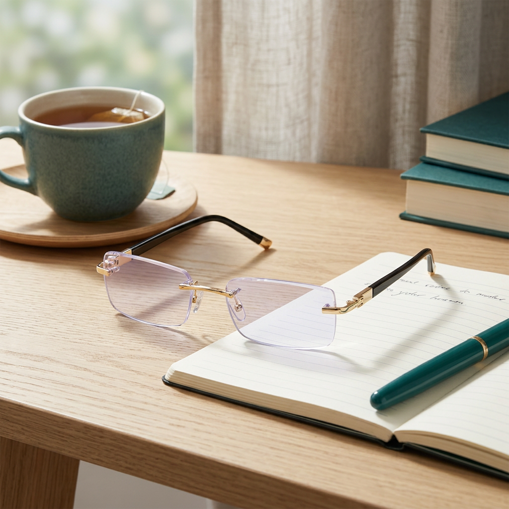 Elycura glasses resting on an open notebook beside a cup of tea