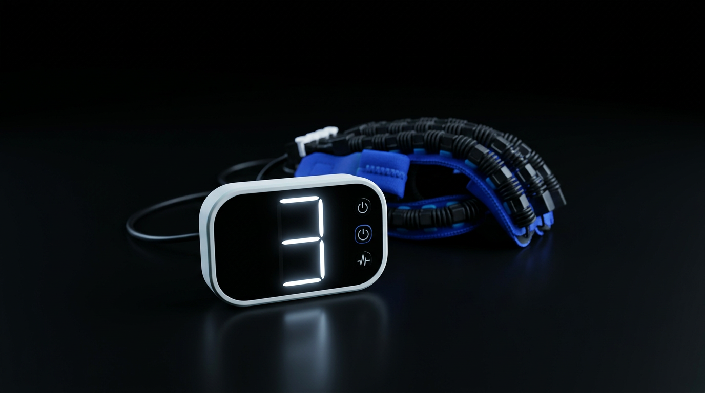 Motion Glove handheld controller with its digital display lit, glove connected behind it
