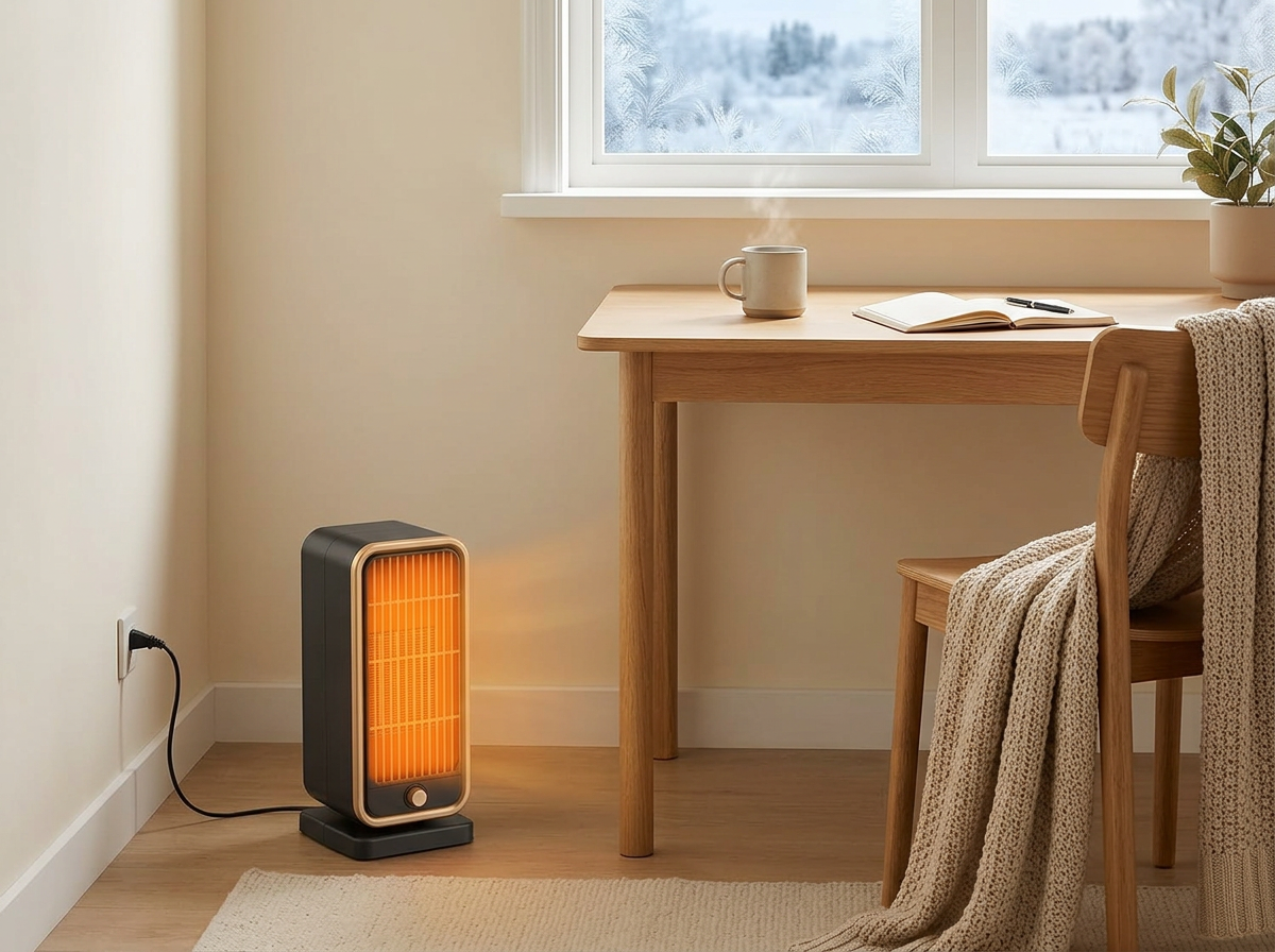 Space heater warming a home office beside a wooden desk on a winter morning