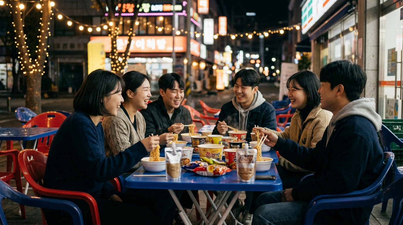 Freunde teilen Ramen und Snacks vor einem Convenience Store in Seoul