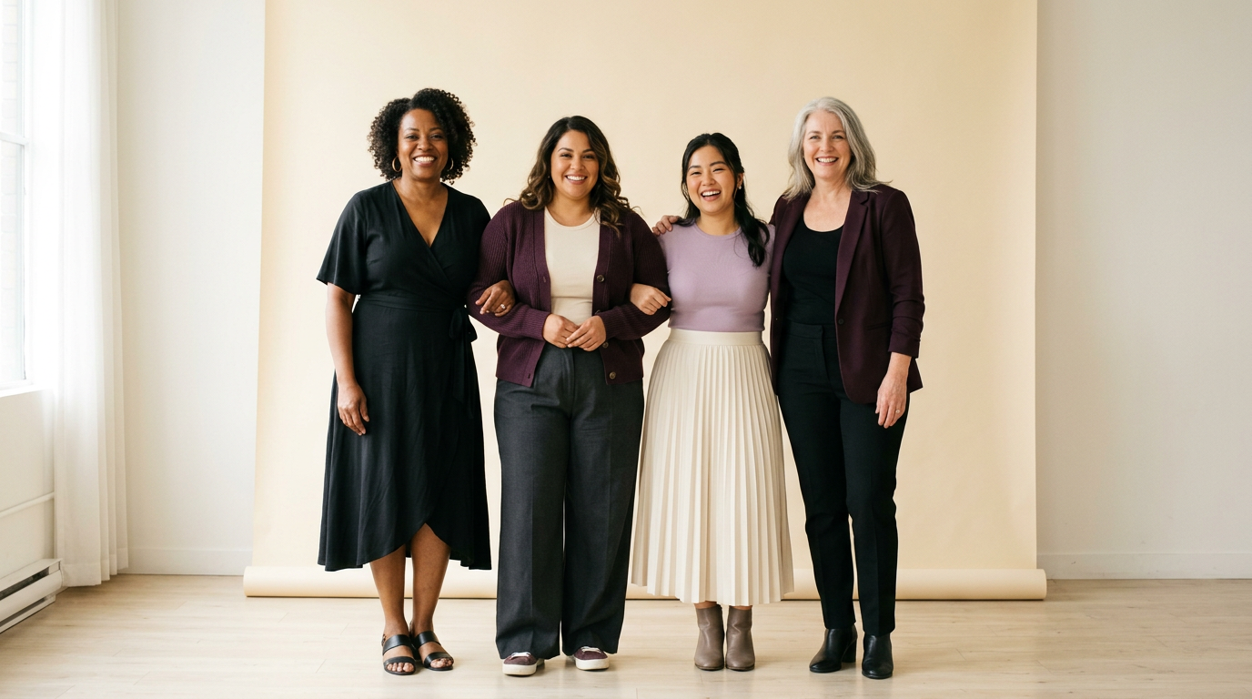 Four smiling women standing arm in arm in a bright studio, wearing a black wrap dress, a plum cardigan with wide trousers, a lavender top with a pleated cream skirt and a plum blazer