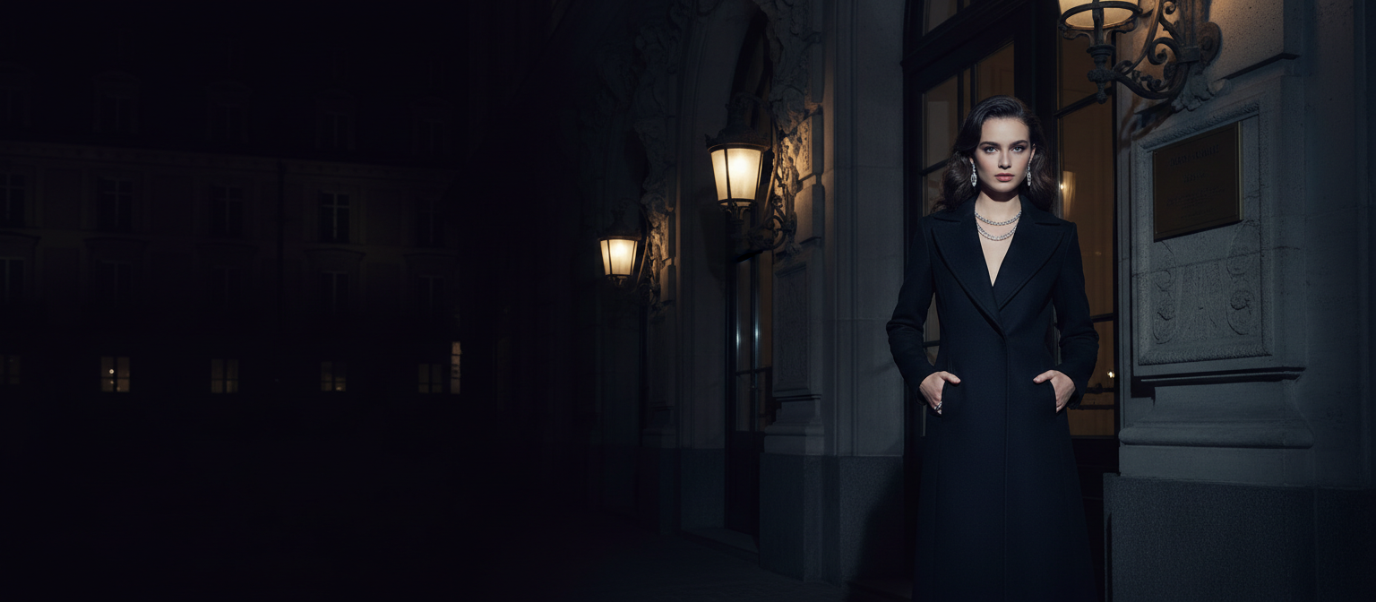 Elegante Frau im langen schwarzen Wollmantel mit Silberschmuck vor einem Grandhotel bei Nacht