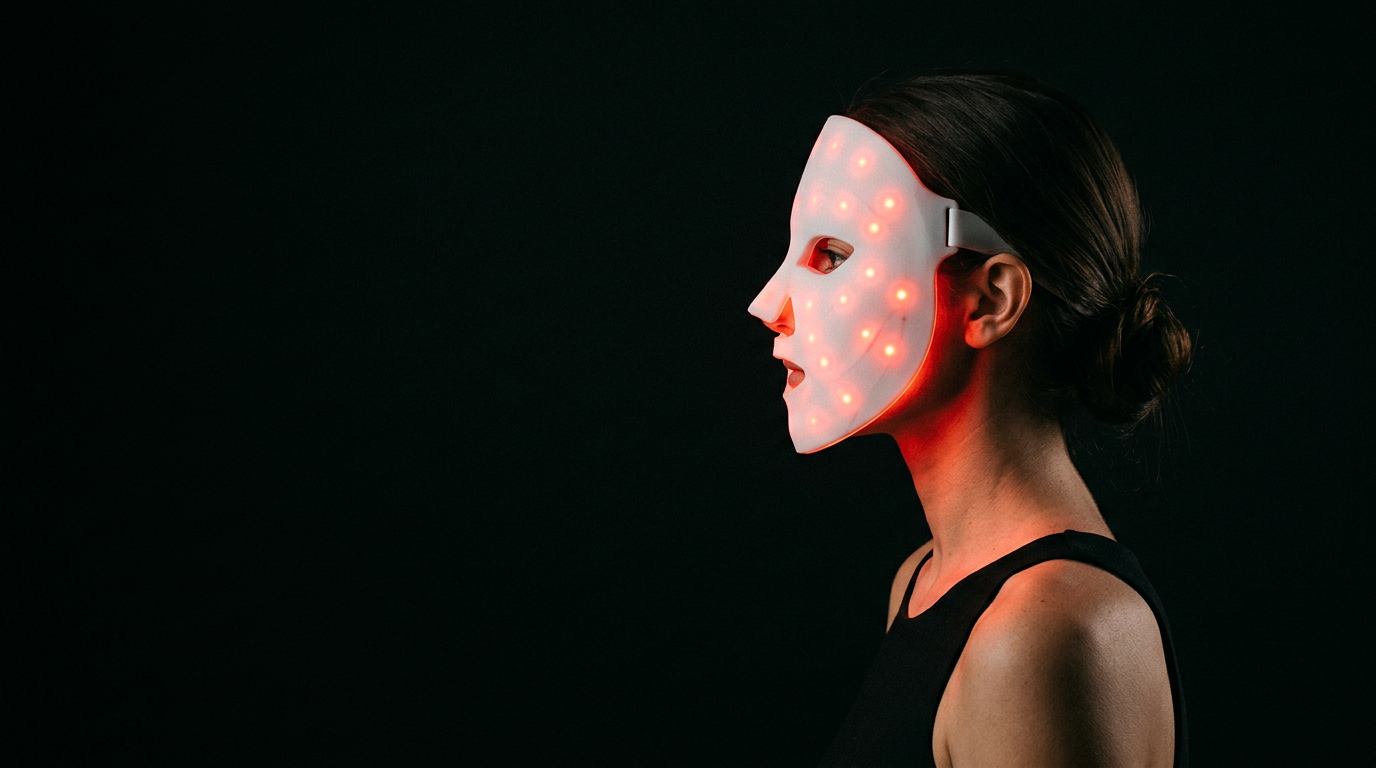 Woman in profile wearing the AGE REWIND red light therapy mask against a black background