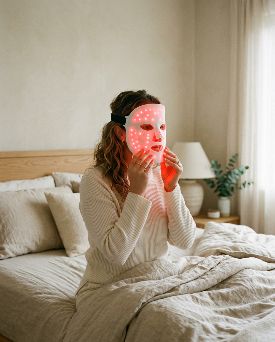 Woman placing the AGE REWIND LED face mask over her face