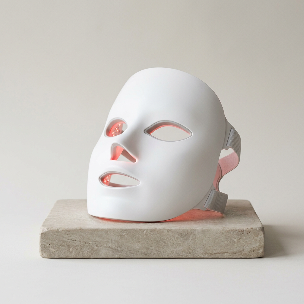 AGE REWIND LED face mask resting on a stone plinth