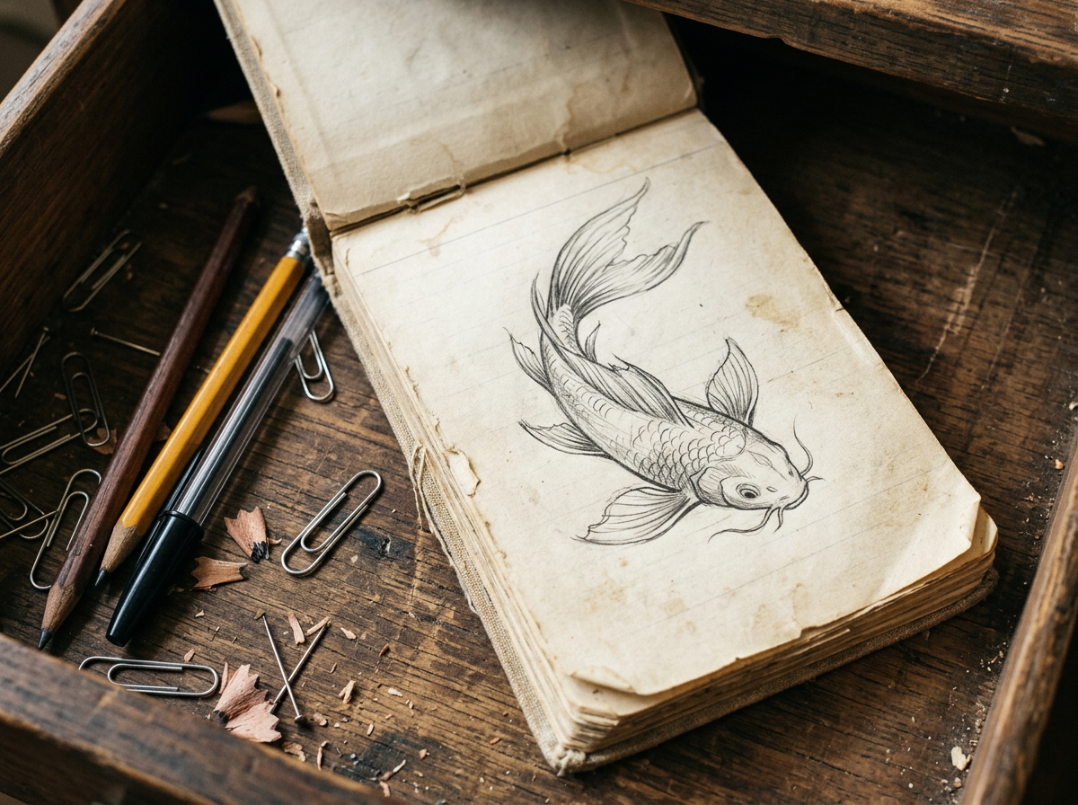 A worn notepad open in a desk drawer showing a hand-drawn pencil sketch of a koi fish