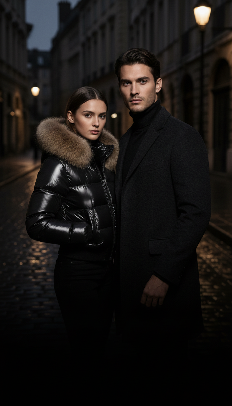 Elegante Frau in glänzender schwarzer Pufferjacke mit Fellkapuze und Mann im dunklen Wollmantel auf einer nächtlichen Altstadtstraße