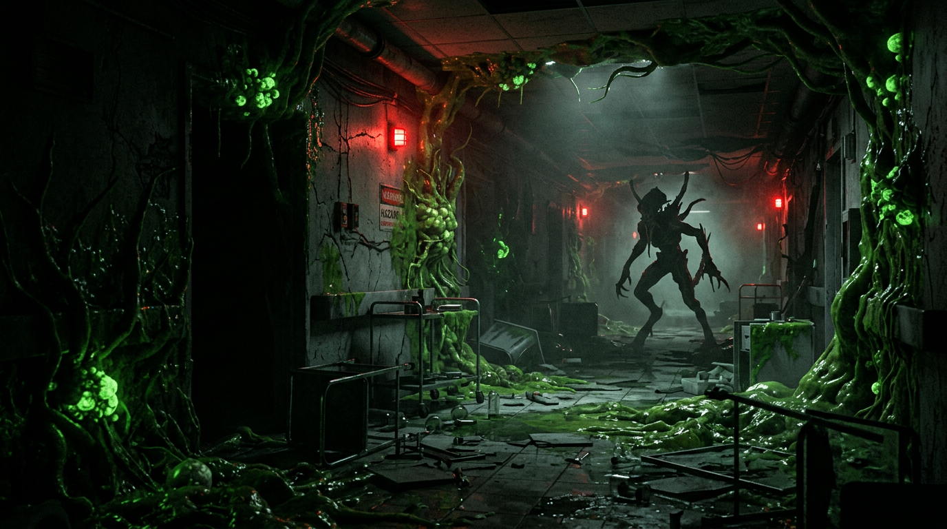 A tall alien creature lurking in a fog-filled research facility corridor overrun with glowing green infection under flickering red emergency lights