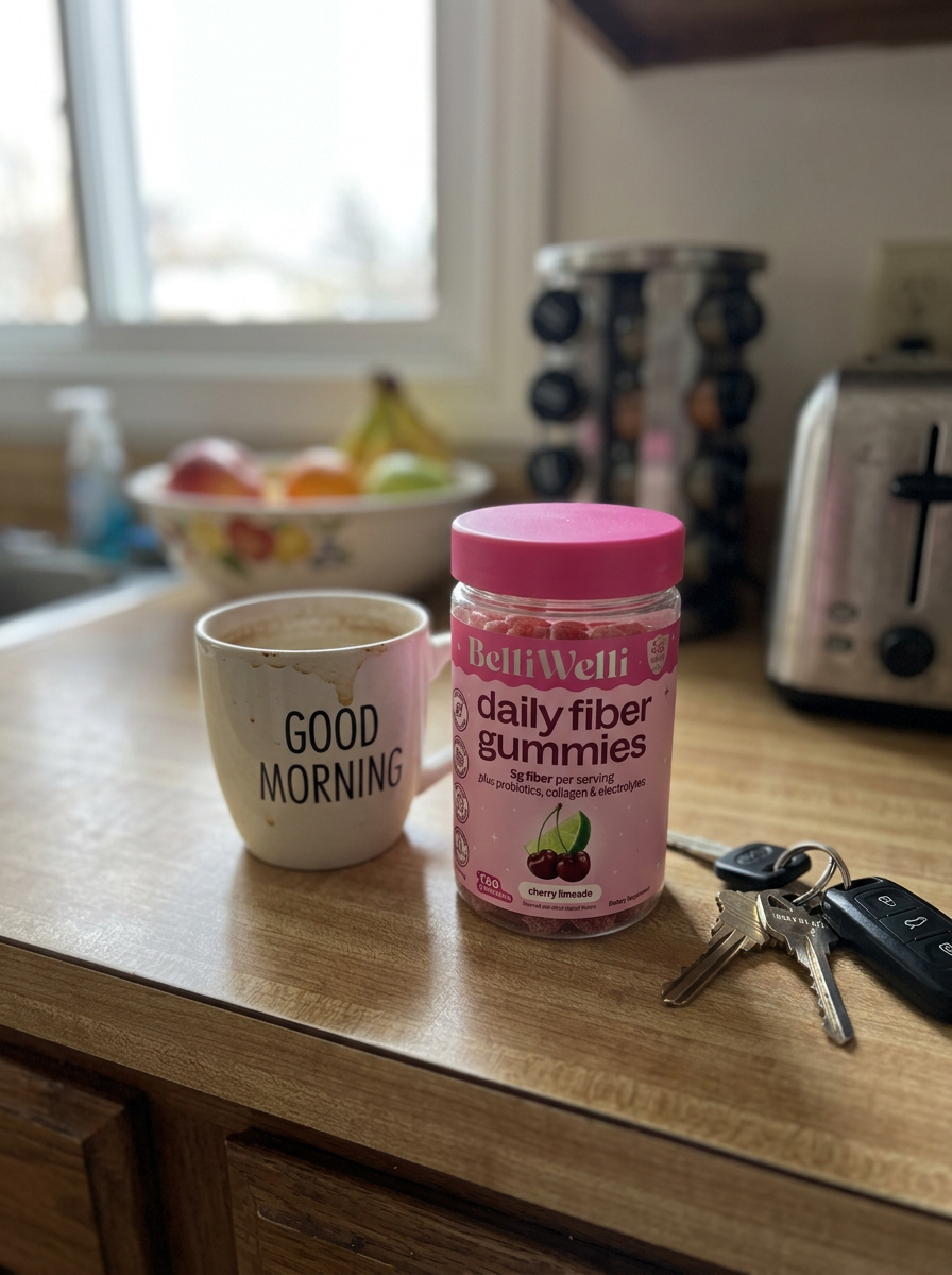Jar of BelliWelli Cherry Limeade fiber gummies on a kitchen counter next to a coffee mug and keys