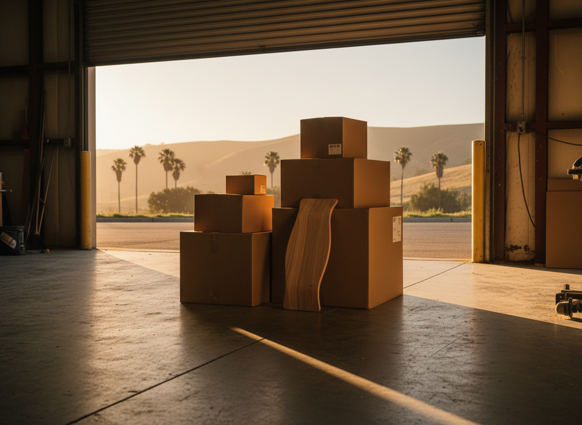 Shipping boxes on the loading dock of a sunlit California workshop