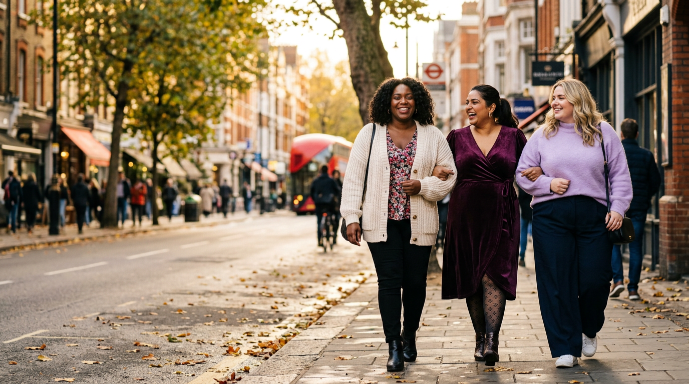 Three smiling plus-size women walking arm in arm down an autumn London street in a cream cardigan, a plum wrap dress and a lavender jumper