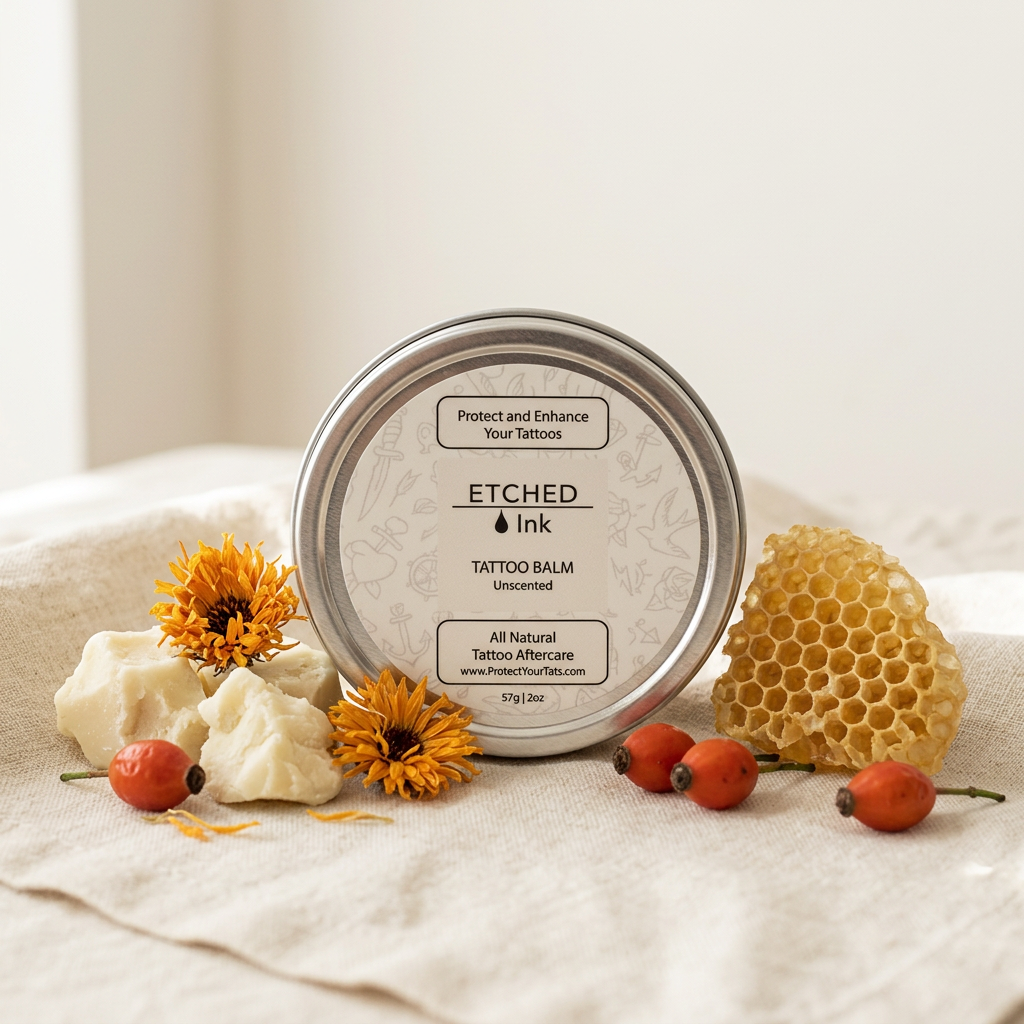 Etched Ink Tattoo Balm Tin on cream linen with shea butter, calendula, rosehip and beeswax