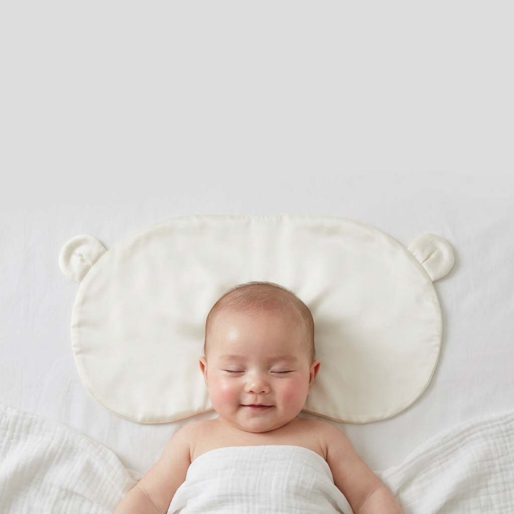 Baby sleeping peacefully on the ivory silk head sheet